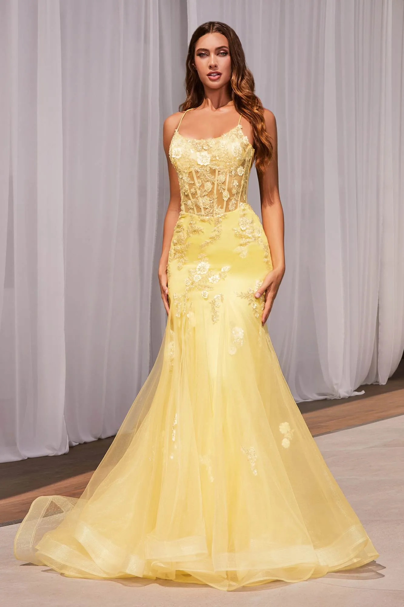 Ladivine D145 Long Sparkly Mermaid Gown Tulle Skirt Corset Back