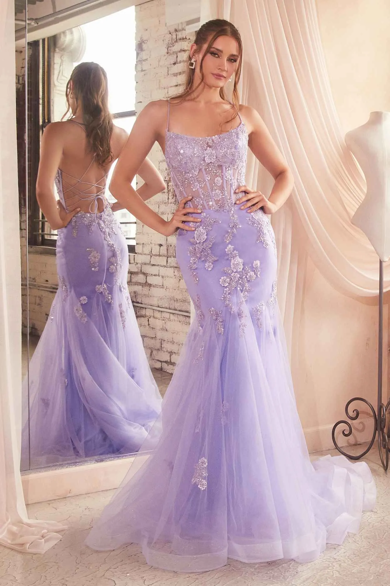 Ladivine D145 Long Sparkly Mermaid Gown Tulle Skirt Corset Back