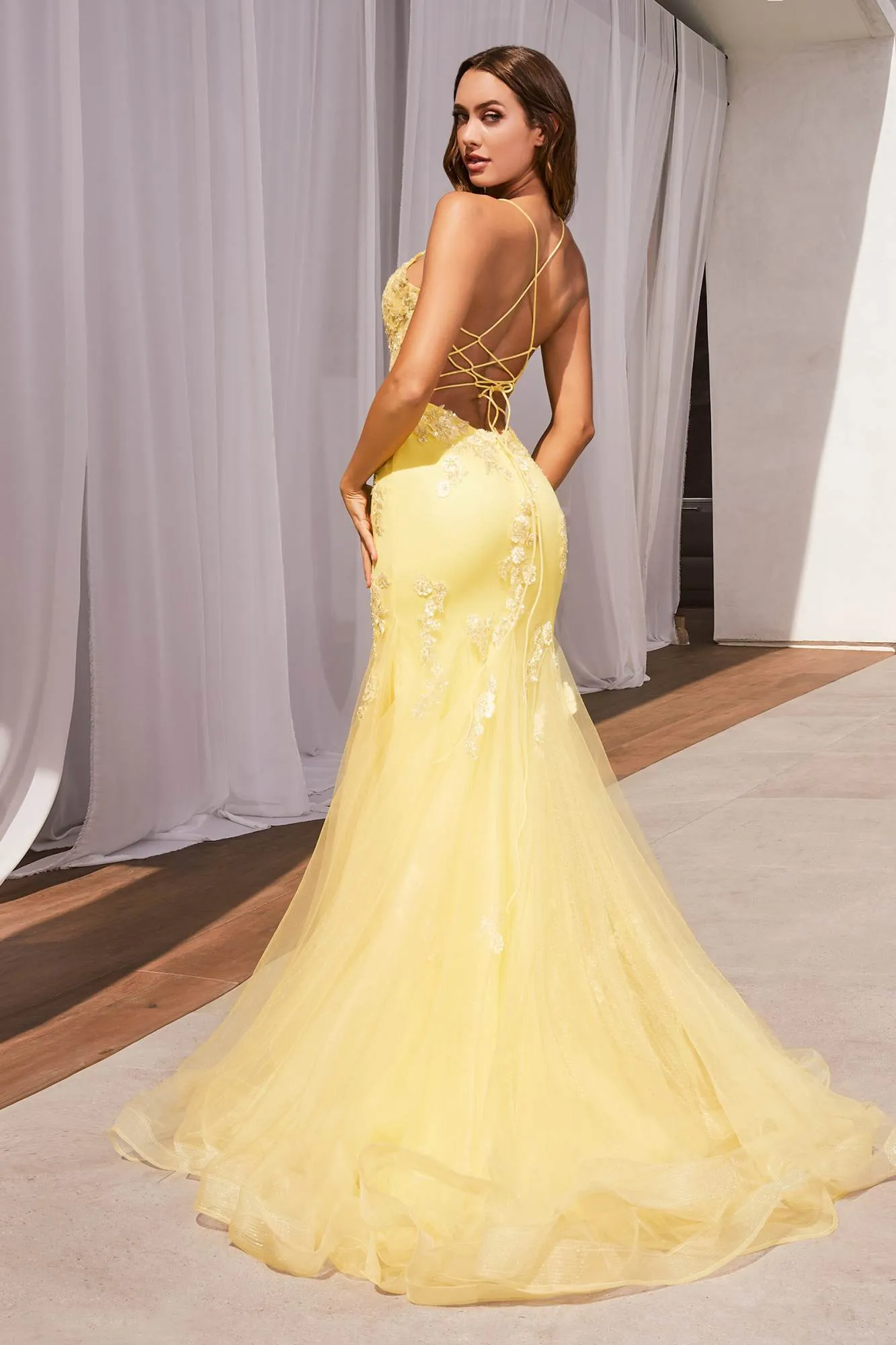 Ladivine D145 Long Sparkly Mermaid Gown Tulle Skirt Corset Back