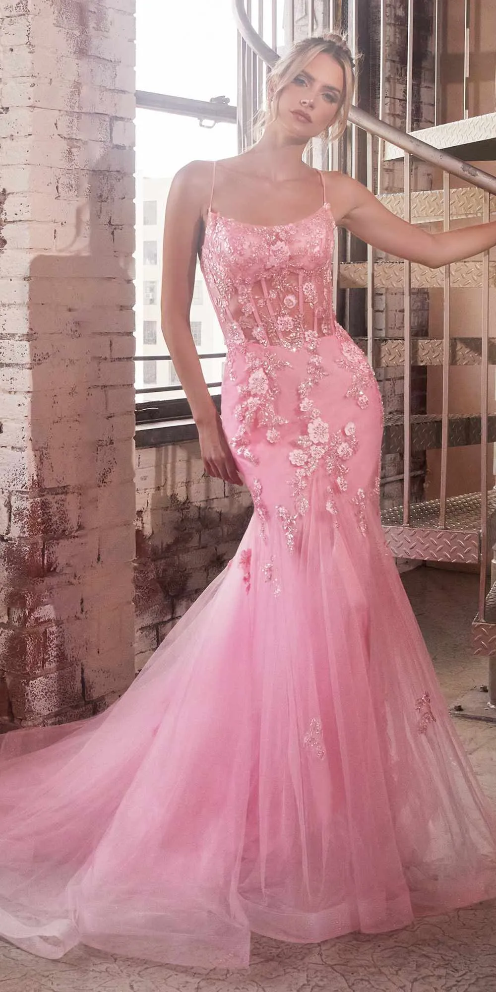Ladivine D145 Long Sparkly Mermaid Gown Tulle Skirt Corset Back