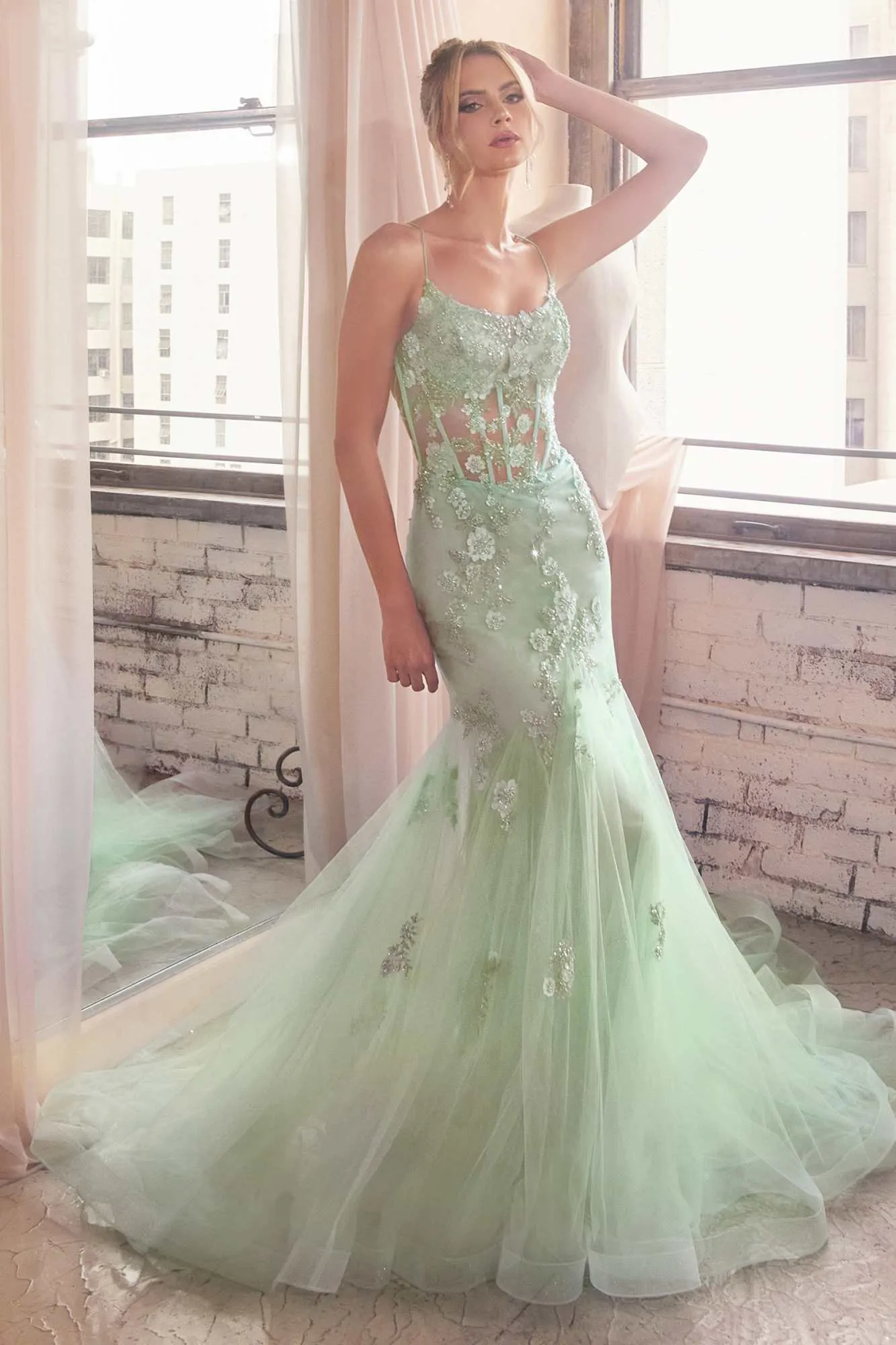Ladivine D145 Long Sparkly Mermaid Gown Tulle Skirt Corset Back