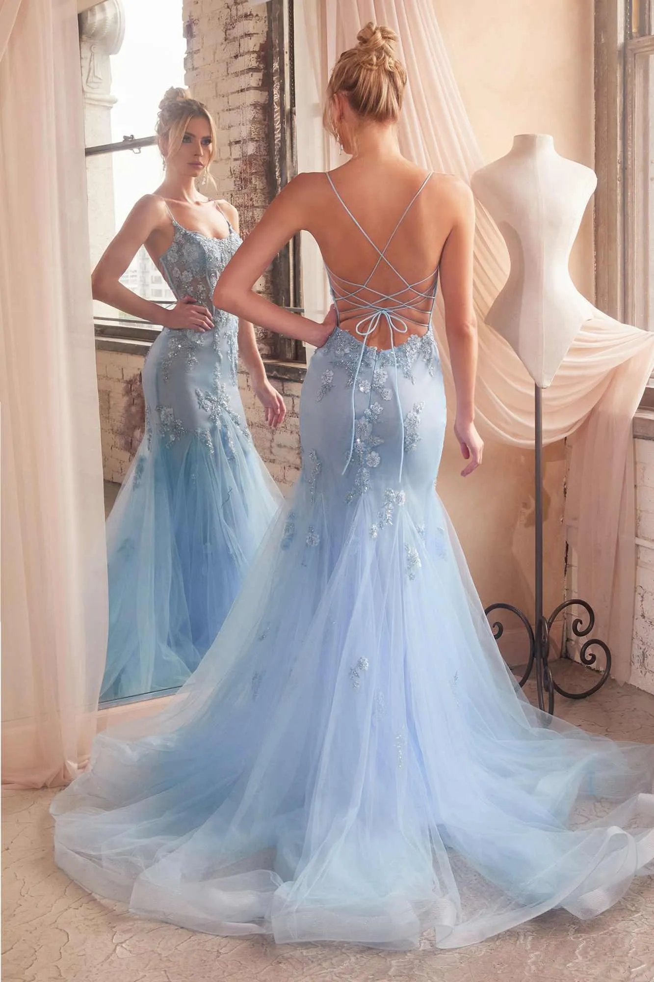 Ladivine D145 Long Sparkly Mermaid Gown Tulle Skirt Corset Back