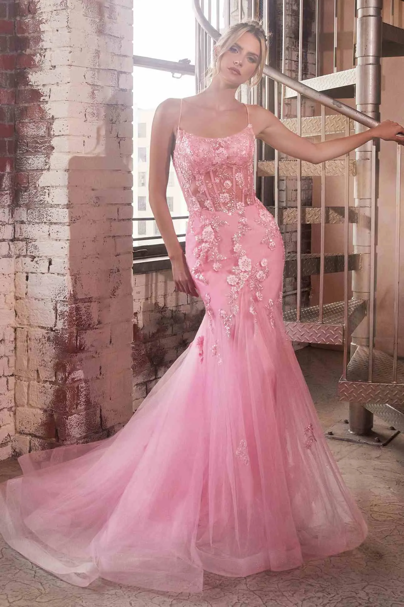 Ladivine D145 Long Sparkly Mermaid Gown Tulle Skirt Corset Back
