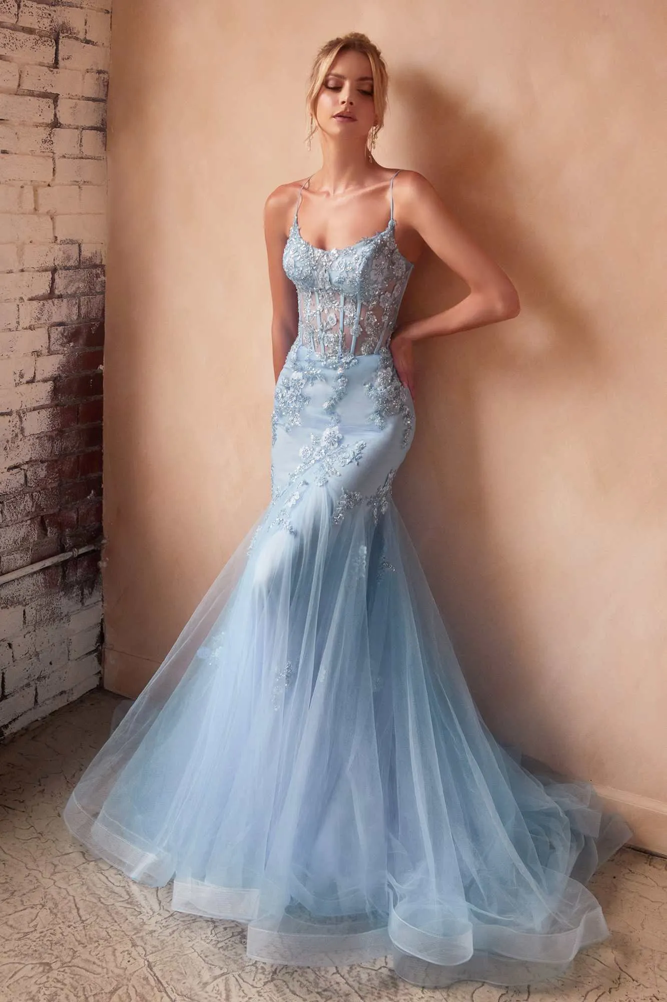 Ladivine D145 Long Sparkly Mermaid Gown Tulle Skirt Corset Back