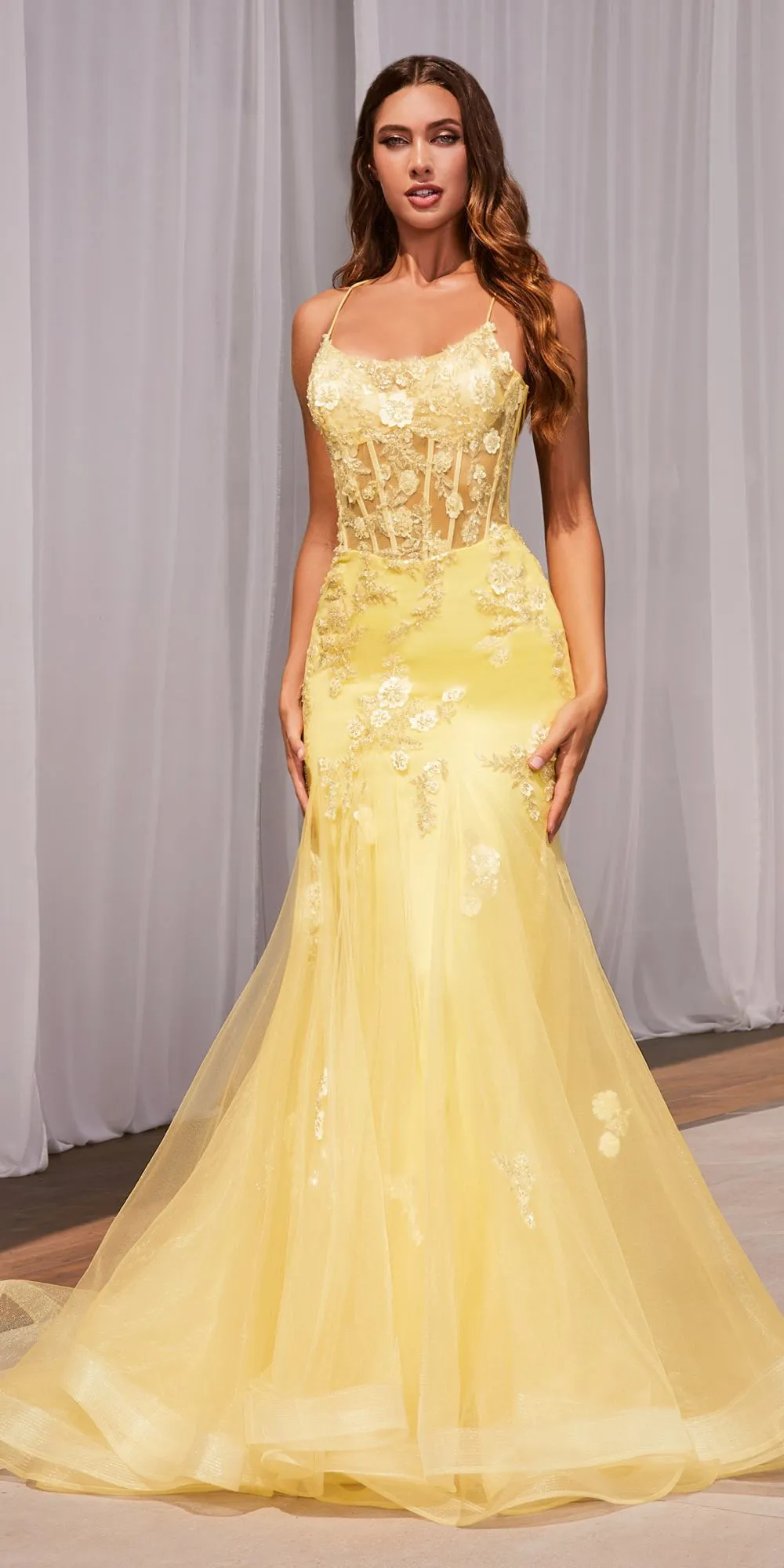 Ladivine D145 Long Sparkly Mermaid Gown Tulle Skirt Corset Back