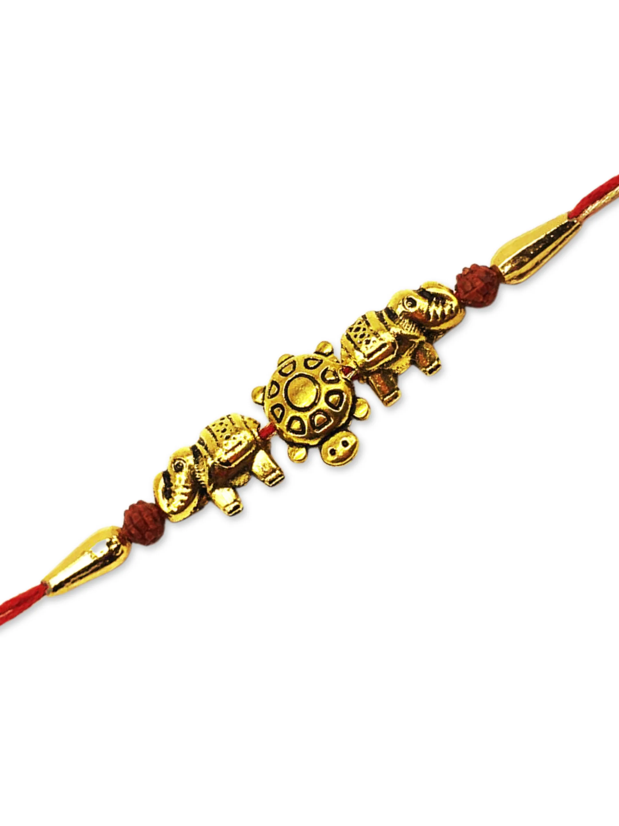 Latest Rakhi Design Gold Plated Tortoise/Elephant with Rudraksha Beads Pendant Mauli Raksha Bandhan