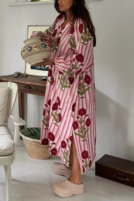 Linen Blend Floral Stripe Print Button Up Belt Pocketed Kaftan Midi Dress