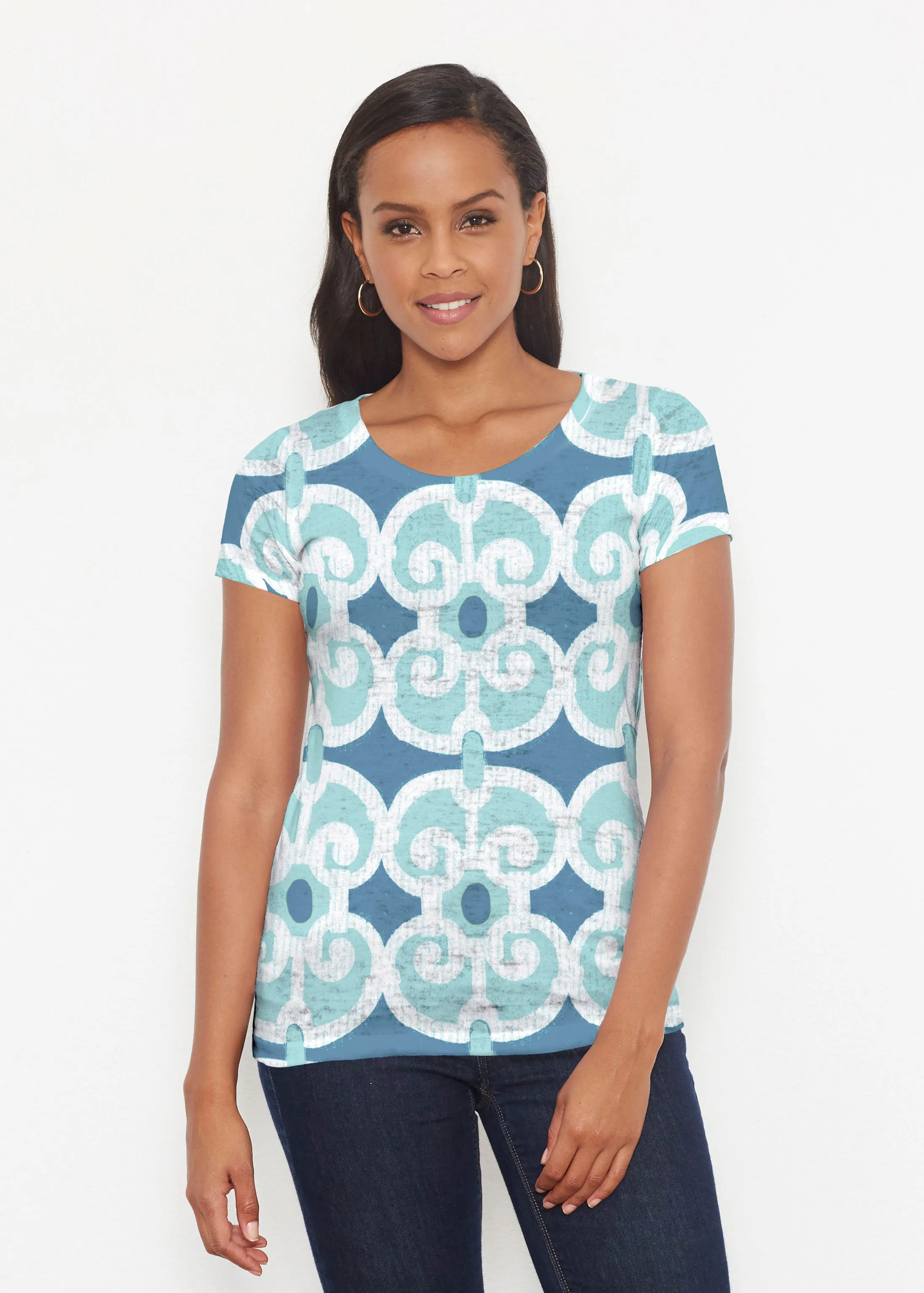 Links Navy Aqua (8133) ~ Short Sleeve Scoop Shirt