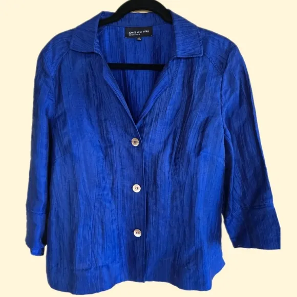 Lovely JONES NEW YORK Royal Blue Lightweight Linen Crinkle Button-down Jacket