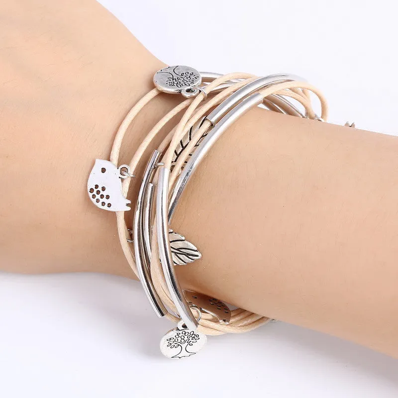 Luxury Multilayer Bracelet Leaves Pendant Silver Wedding Jewelry