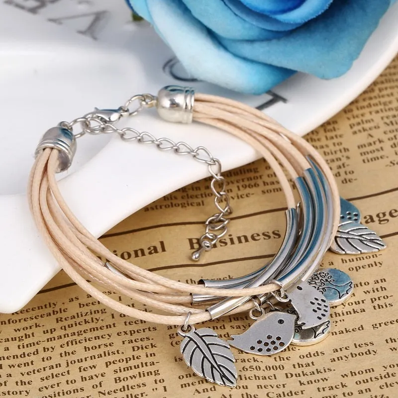 Luxury Multilayer Bracelet Leaves Pendant Silver Wedding Jewelry