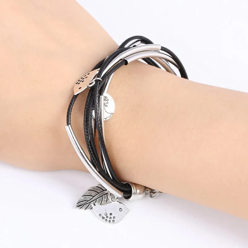Luxury Multilayer Bracelet Leaves Pendant Silver Wedding Jewelry