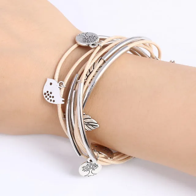 Luxury Multilayer Bracelet Leaves Pendant Silver Wedding Jewelry