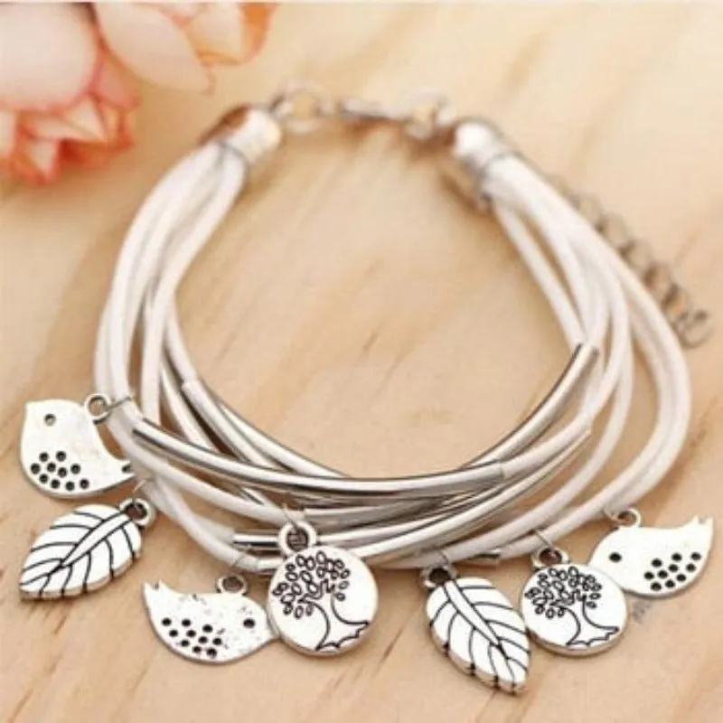 Luxury Multilayer Bracelet Leaves Pendant Silver Wedding Jewelry