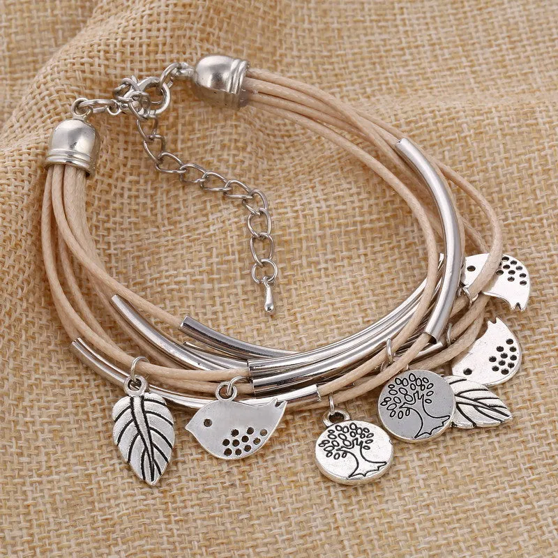 Luxury Multilayer Bracelet Leaves Pendant Silver Wedding Jewelry