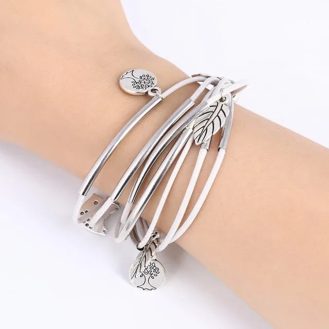 Luxury Multilayer Bracelet Leaves Pendant Silver Wedding Jewelry