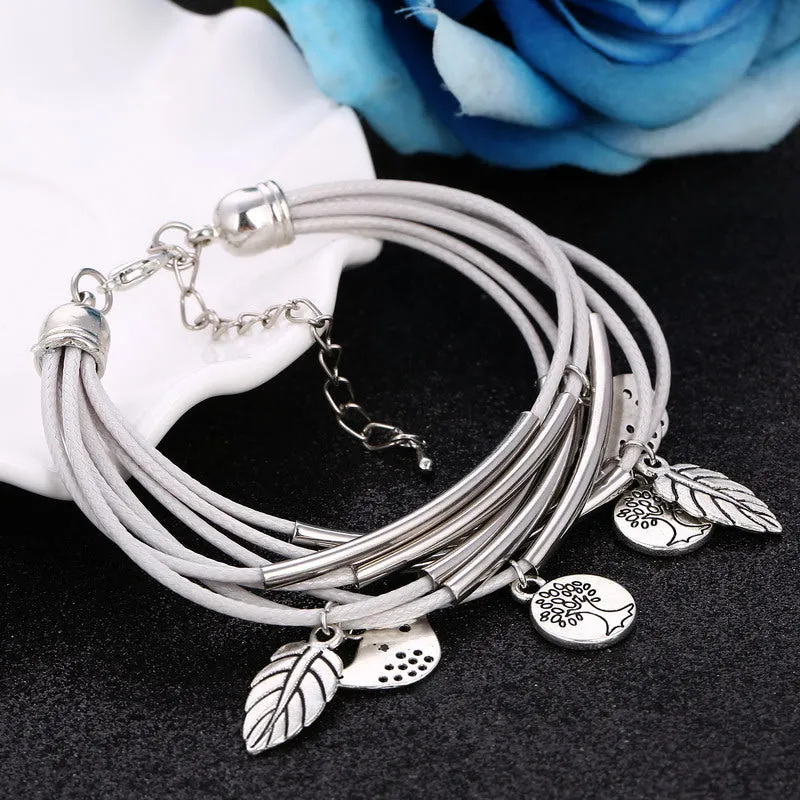 Luxury Multilayer Bracelet Leaves Pendant Silver Wedding Jewelry