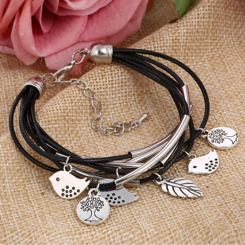 Luxury Multilayer Bracelet Leaves Pendant Silver Wedding Jewelry