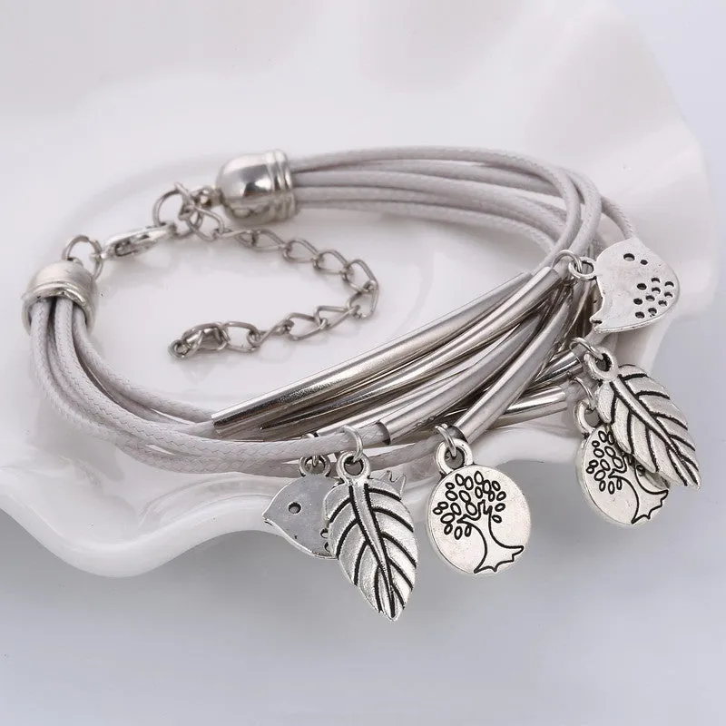 Luxury Multilayer Bracelet Leaves Pendant Silver Wedding Jewelry