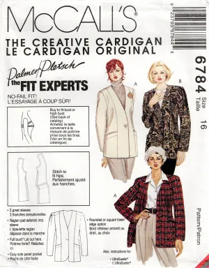 McCall's 6784 PALMER PLETSCH Womens Classic Fit Lined Cardigan Jacket 1990s Vintage Sewing Pattern Size 16 Bust 38 Inches UNCUT Factory Folded