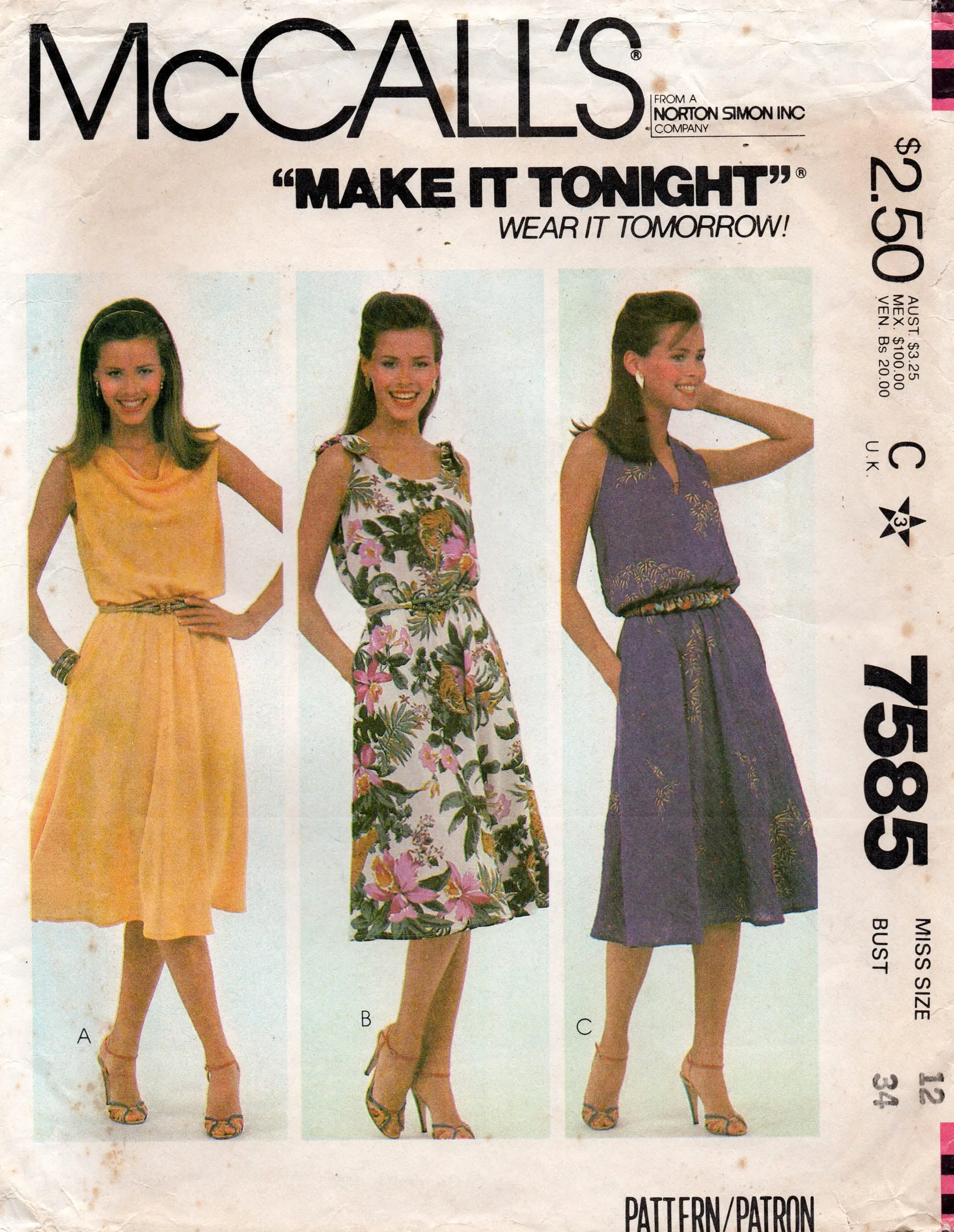 McCall's 7585 Womens Sundress in 3 Styles 1980s Vintage Sewing Pattern Size 12 Bust 34 inches
