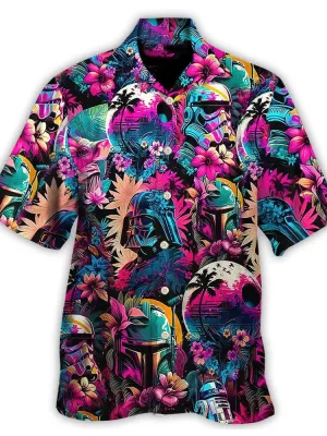Men's Casual Landscape Robot Print Linen Cuban Collar Shirt