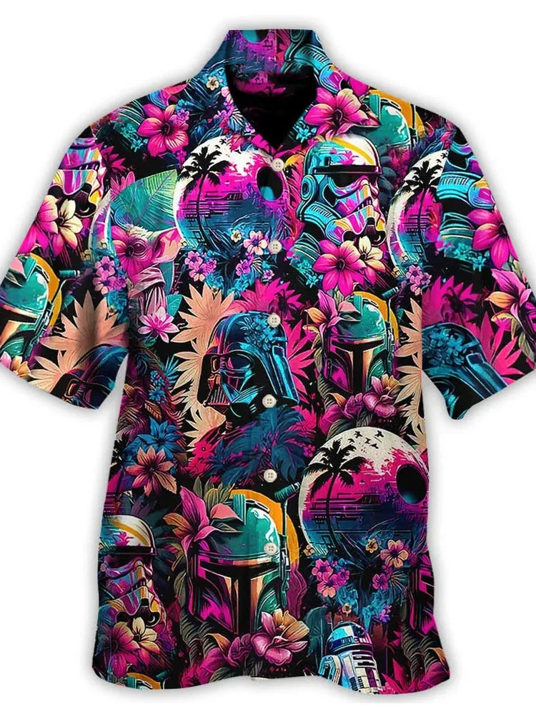 Men's Casual Landscape Robot Print Linen Cuban Collar Shirt