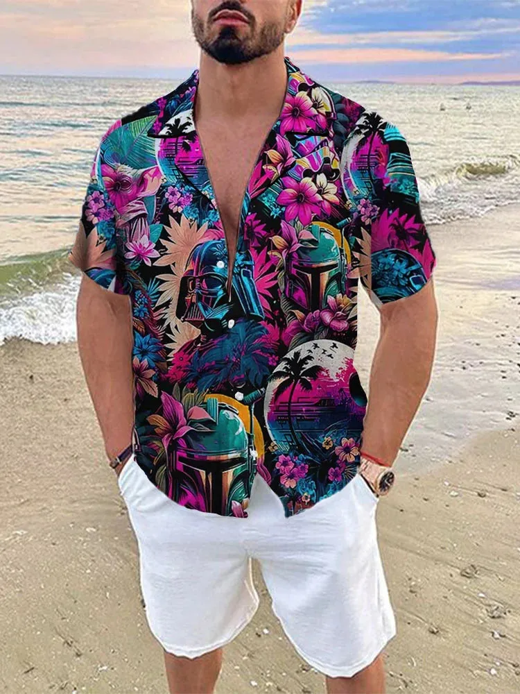 Men's Casual Landscape Robot Print Linen Cuban Collar Shirt