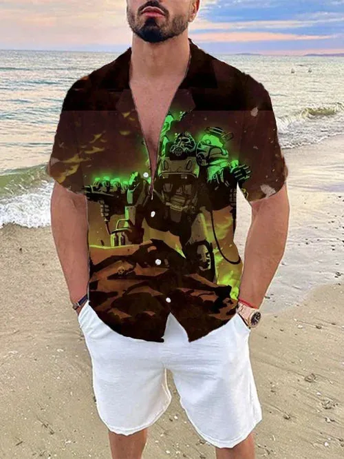 Men's Trendy Robot Print Linen Cuban Collar Shirt