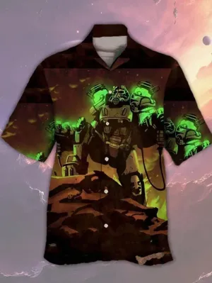 Men's Trendy Robot Print Linen Cuban Collar Shirt