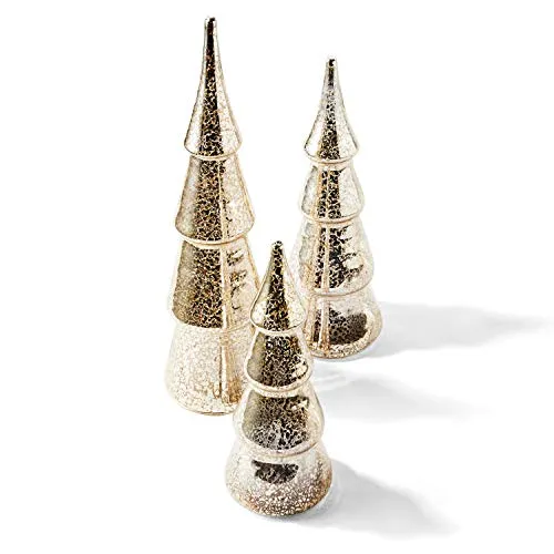 Mercury Glass Christmas Tree Decoration - Set of 3 Assorted Trees with Fairy Lights, 10 Inch Tall, Silver Finish, Batteries Included, Holiday Table Centerpiece or Mantle Decor