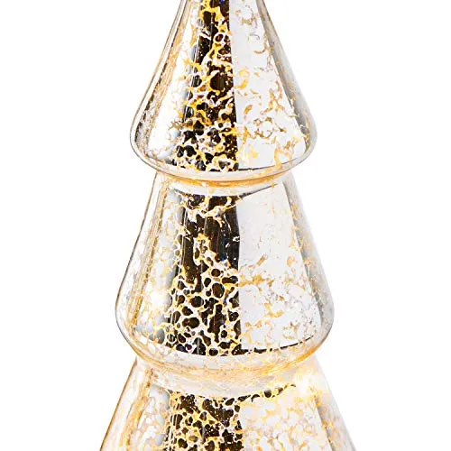 Mercury Glass Christmas Tree Decoration - Set of 3 Assorted Trees with Fairy Lights, 10 Inch Tall, Silver Finish, Batteries Included, Holiday Table Centerpiece or Mantle Decor
