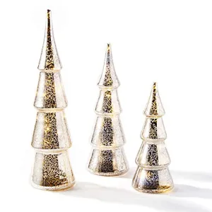 Mercury Glass Christmas Tree Decoration - Set of 3 Assorted Trees with Fairy Lights, 10 Inch Tall, Silver Finish, Batteries Included, Holiday Table Centerpiece or Mantle Decor