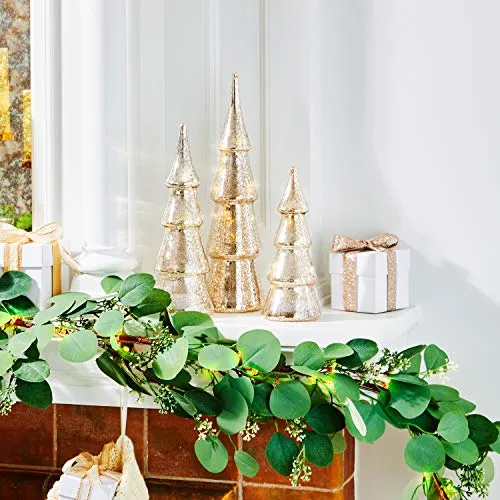 Mercury Glass Christmas Tree Decoration - Set of 3 Assorted Trees with Fairy Lights, 10 Inch Tall, Silver Finish, Batteries Included, Holiday Table Centerpiece or Mantle Decor