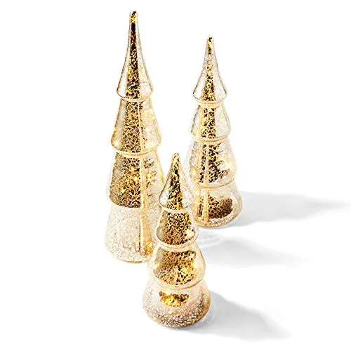 Mercury Glass Christmas Tree Decoration - Set of 3 Assorted Trees with Fairy Lights, 10 Inch Tall, Silver Finish, Batteries Included, Holiday Table Centerpiece or Mantle Decor