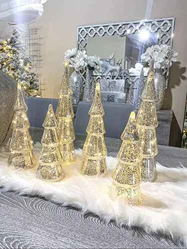Mercury Glass Christmas Tree Decoration - Set of 3 Assorted Trees with Fairy Lights, 10 Inch Tall, Silver Finish, Batteries Included, Holiday Table Centerpiece or Mantle Decor