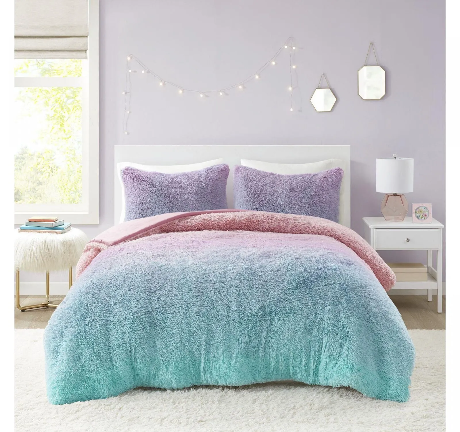 Mi Zone Kids Talia Shaggy Faux Fur Duvet Cover 3 Piece Set Purple Twin / Twin XL