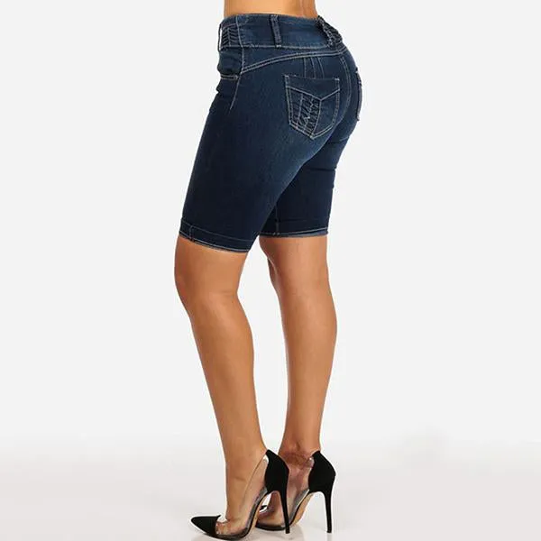 Mid Rise Buttons Stretch Denim Shorts