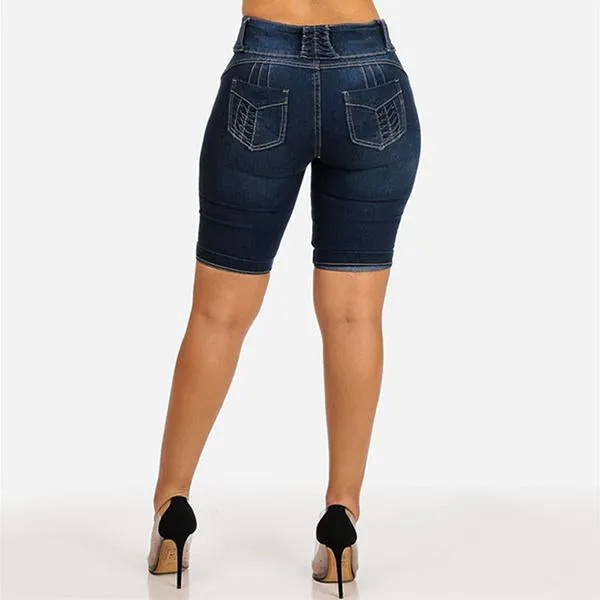 Mid Rise Buttons Stretch Denim Shorts
