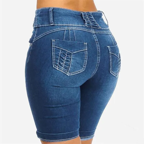 Mid Rise Buttons Stretch Denim Shorts
