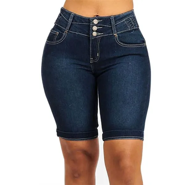 Mid Rise Buttons Stretch Denim Shorts