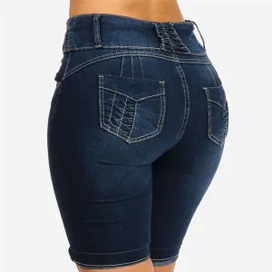 Mid Rise Buttons Stretch Denim Shorts