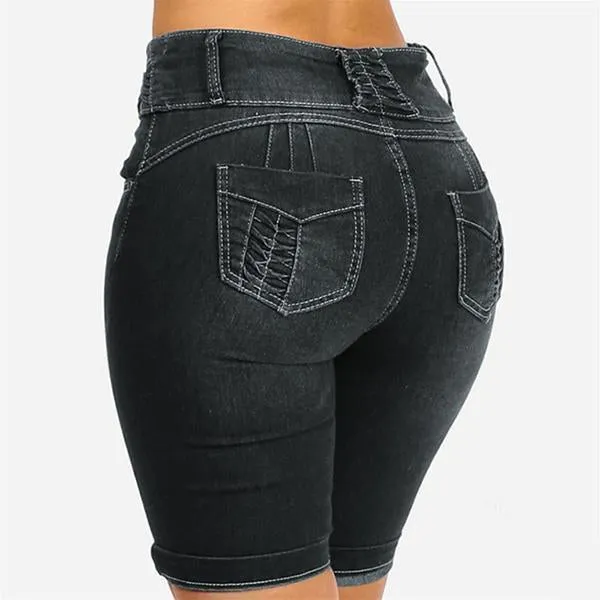 Mid Rise Buttons Stretch Denim Shorts