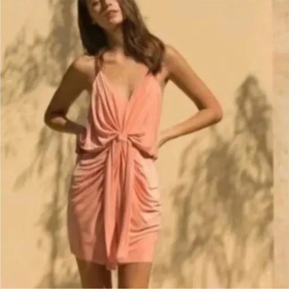 MISA Los Angeles Peach Jersey Knit Sleeveless Cocktail Mini Dress Draped XS NEW