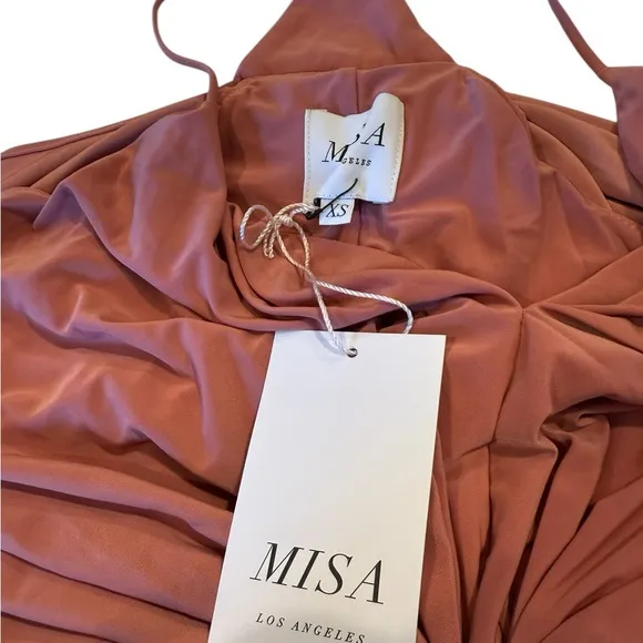MISA Los Angeles Peach Jersey Knit Sleeveless Cocktail Mini Dress Draped XS NEW