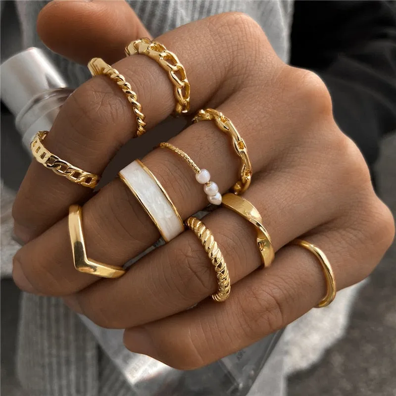 Modyle 10 pcs/set Bohemian Ring Set Gold Silver Color Wide Rings For Women Girls Simple Chain Finger Tail Rings