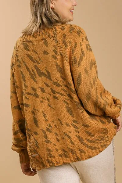 Mustard Animal Print Round Neck Distressed Detail Sweater
