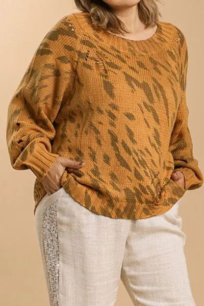 Mustard Animal Print Round Neck Distressed Detail Sweater