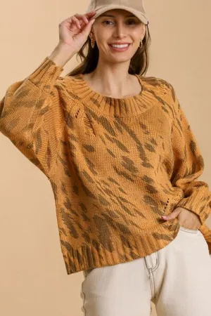 Mustard Animal Print Round Neck Distressed Detail Sweater