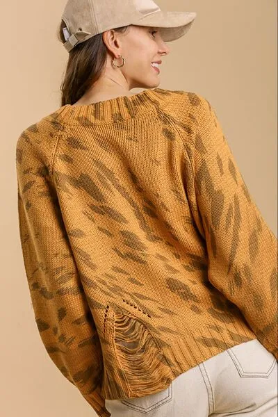 Mustard Animal Print Round Neck Distressed Detail Sweater